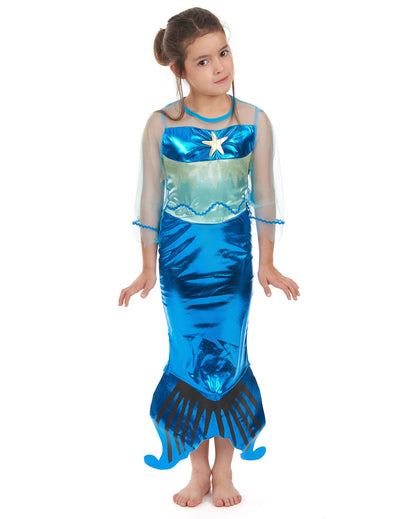 Déguisement de sirène pour fille bleue brillante avec étoile de mer