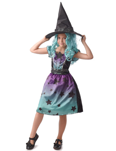 Déguisement de sorcière pour fille bleu et violet avec chapeau à étoiles