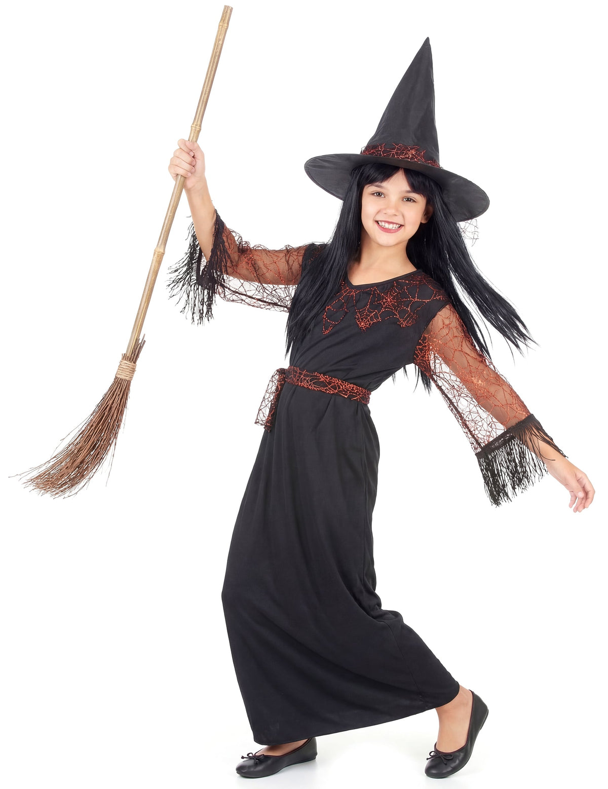Mise en situation avec balai du déguisement de sorcière Halloween