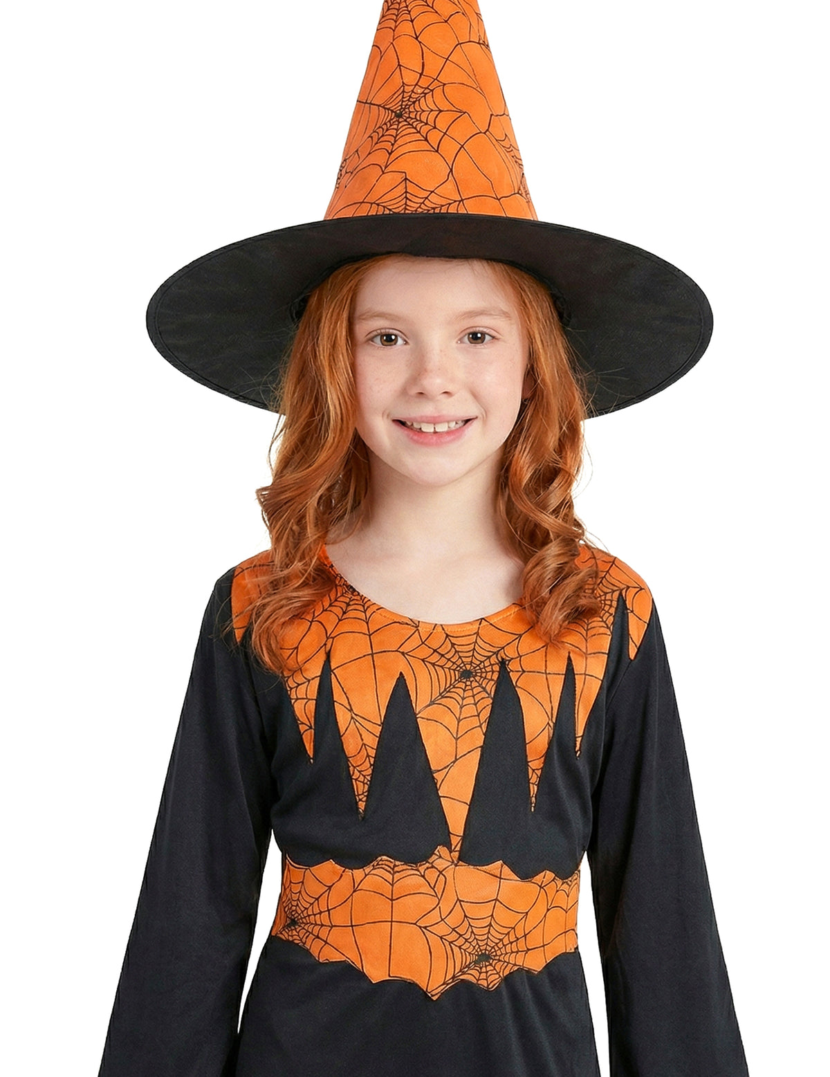 Gros plan sur le haut et le chapeau du déguisement de sorcière pour fille