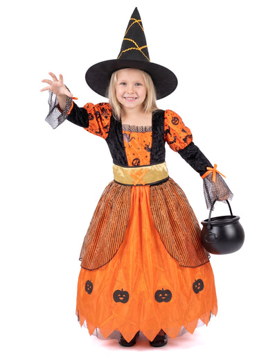 Oranje pompoen heksen outfit voor meisjes