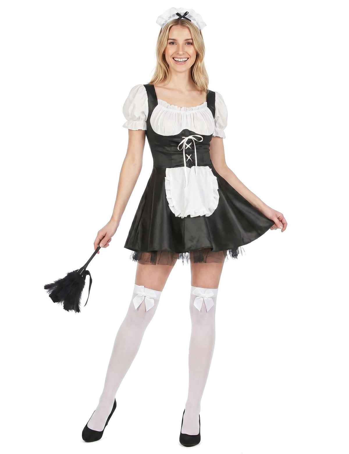 Kostuum van dienstmeid voor dames in black & white met haarband en plumeau