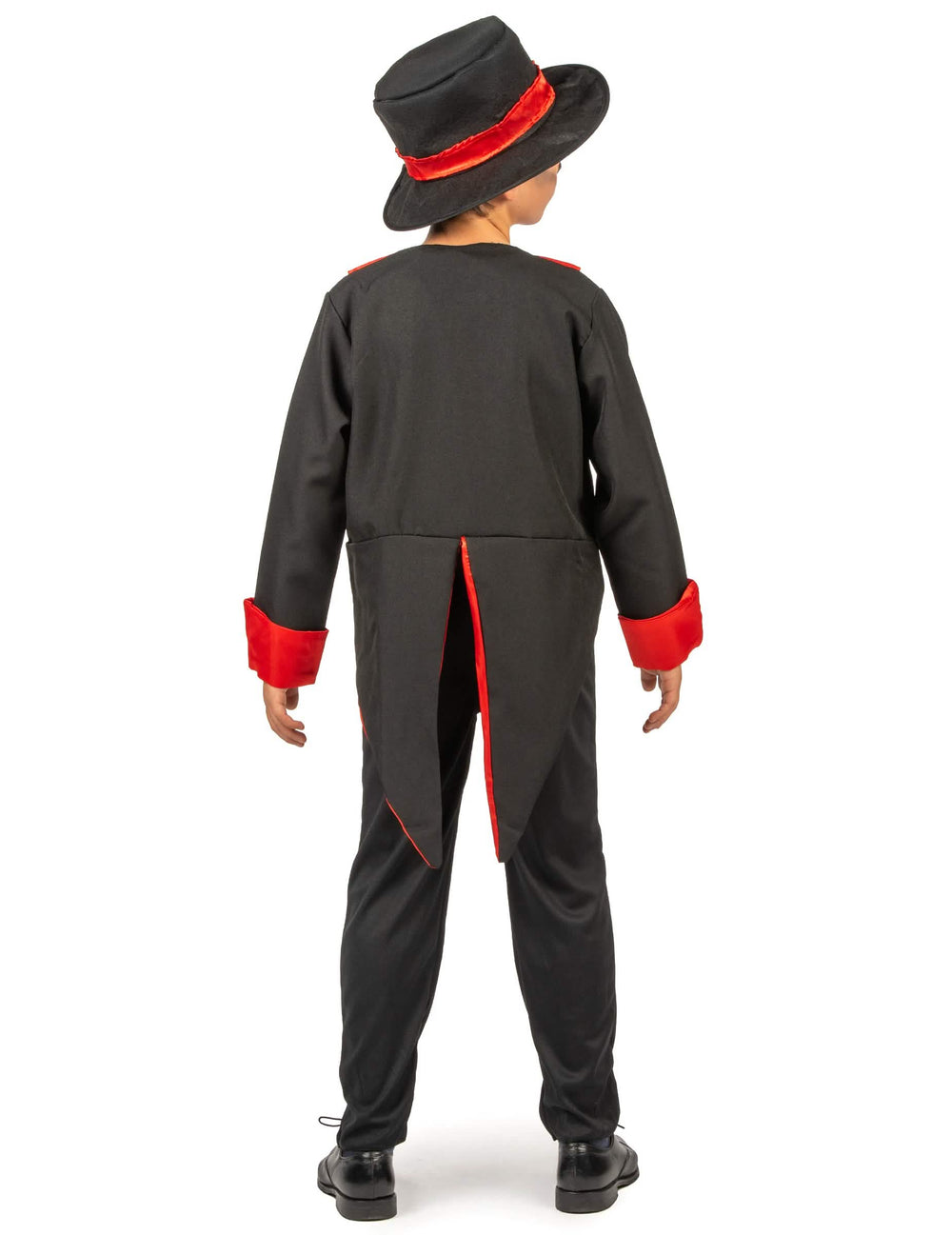 Déguisement de squelette chic pour garçon noir et rouge avec chapeau vue de dos