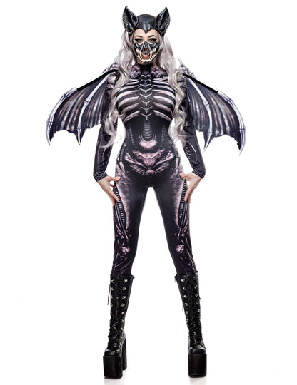 Déguisement squelette de chauve-souris pour femme noir et gris avec ailes et masque