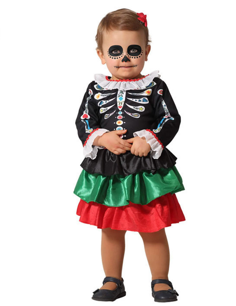 Skeletkostuum Dia de los muertos voor baby's meisje zwart met driekleurige rok met ruches