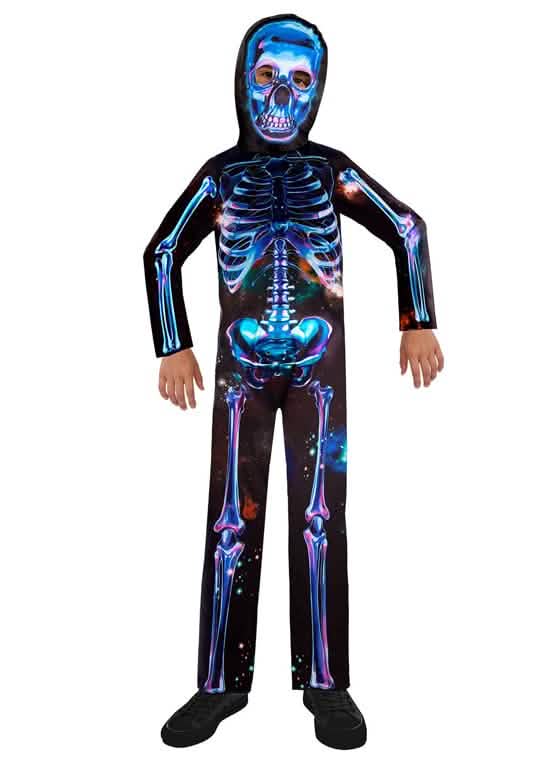 Neon skelettkostuum van gerecyclede stof voor kinderen blauw en zwart galaxiepatroon