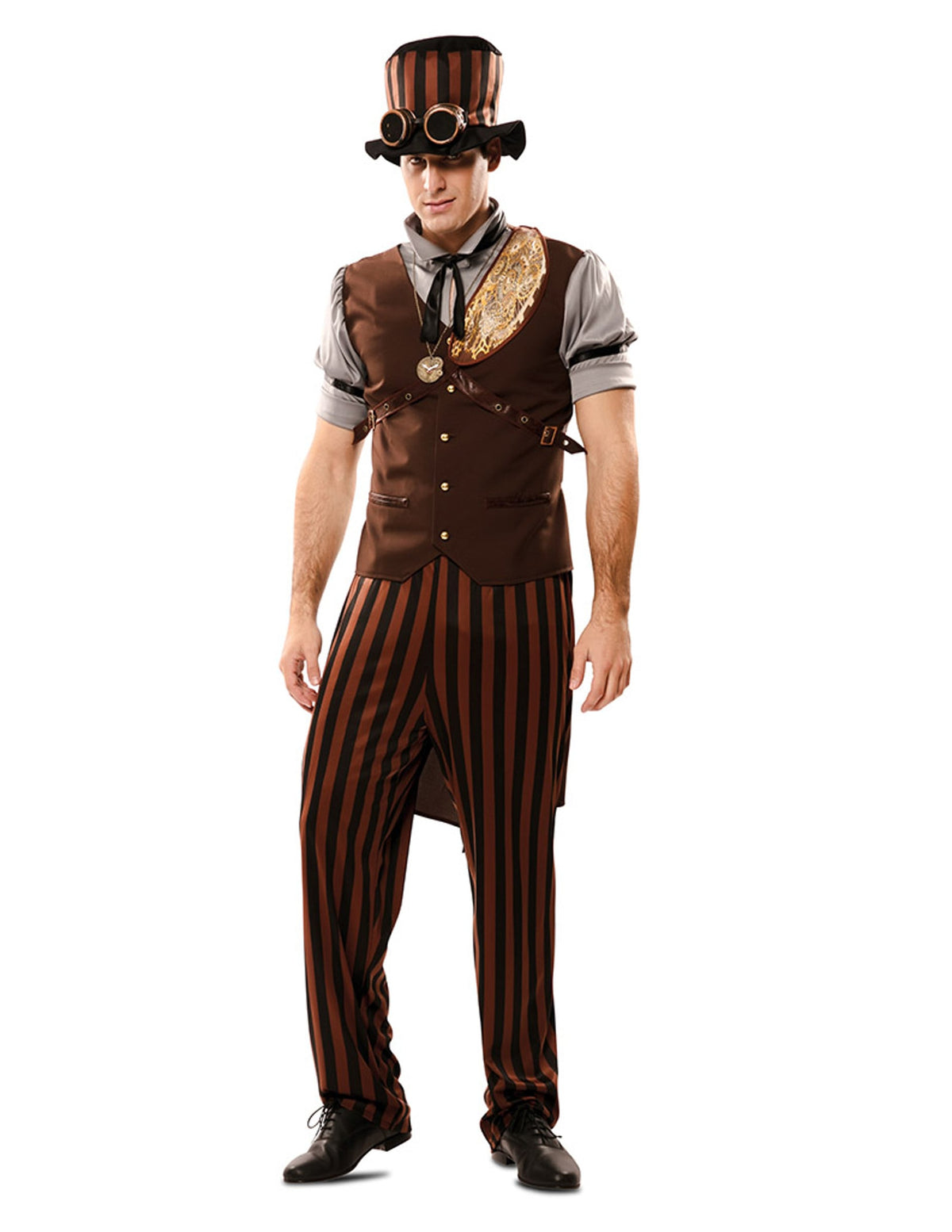 Déguisement steampunk pour homme marron et noir à rayures avec chapeau et lunettes