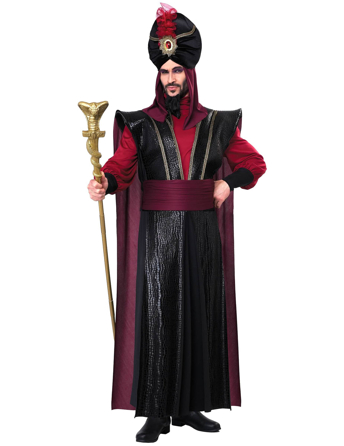 Déguisement de sultan du mal luxe pour homme noir et bordeaux avec turban et sceptre serpent