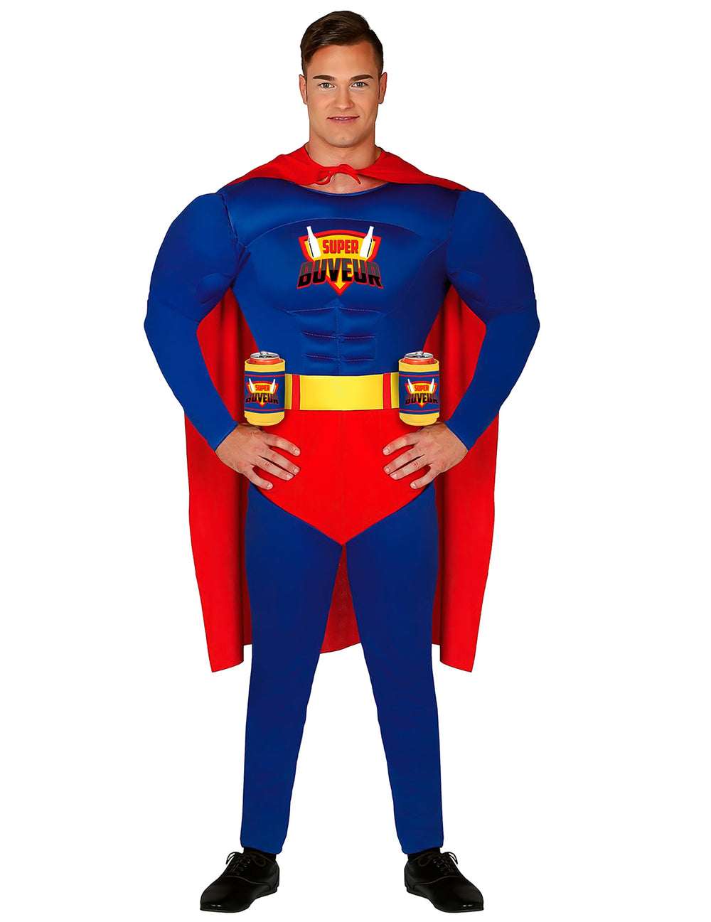 Déguisement Super Buveur pour adulte bleu et rouge avec cape et porte-canettes