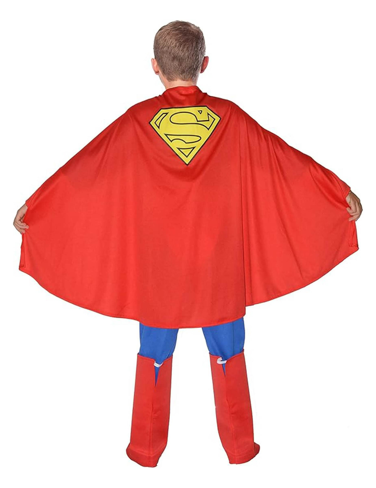 Achteraanzicht van het gespierde Superman-kostuum voor jongens