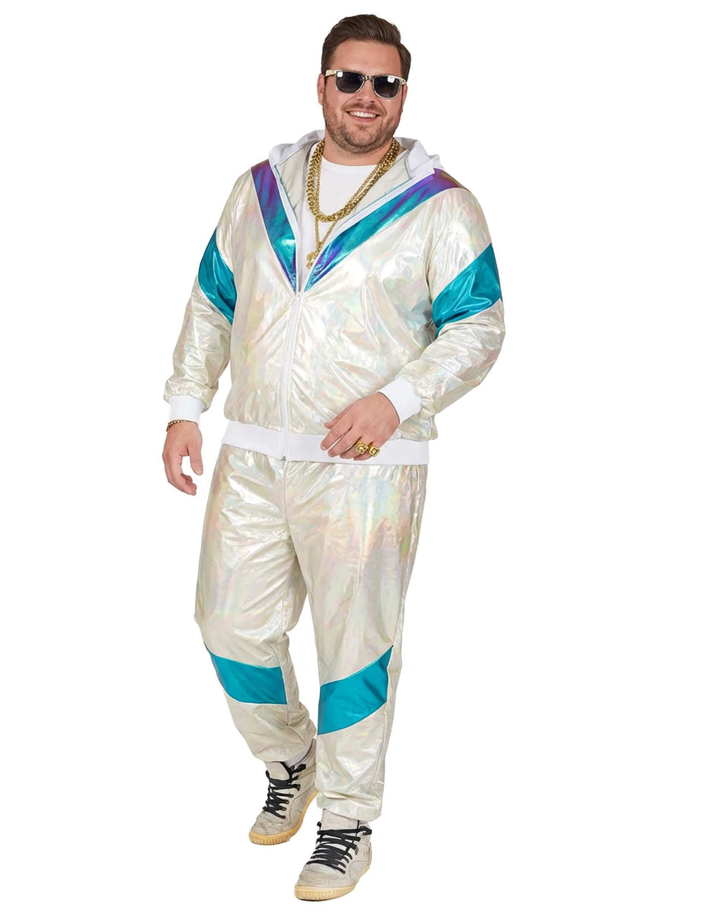 Déguisement survêtement holographique pour homme grande taille blanc irisé et bleu turquoise