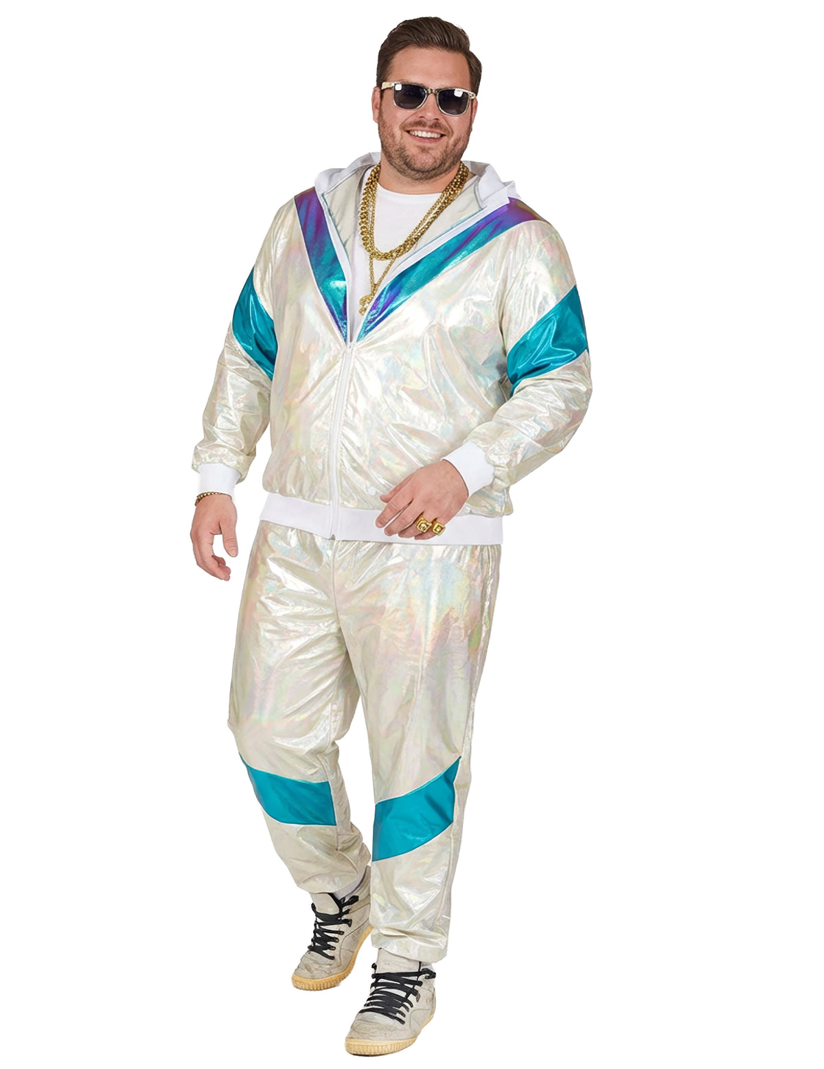 Déguisement survêtement holographique pour homme grande taille blanc irisé et bleu turquoise