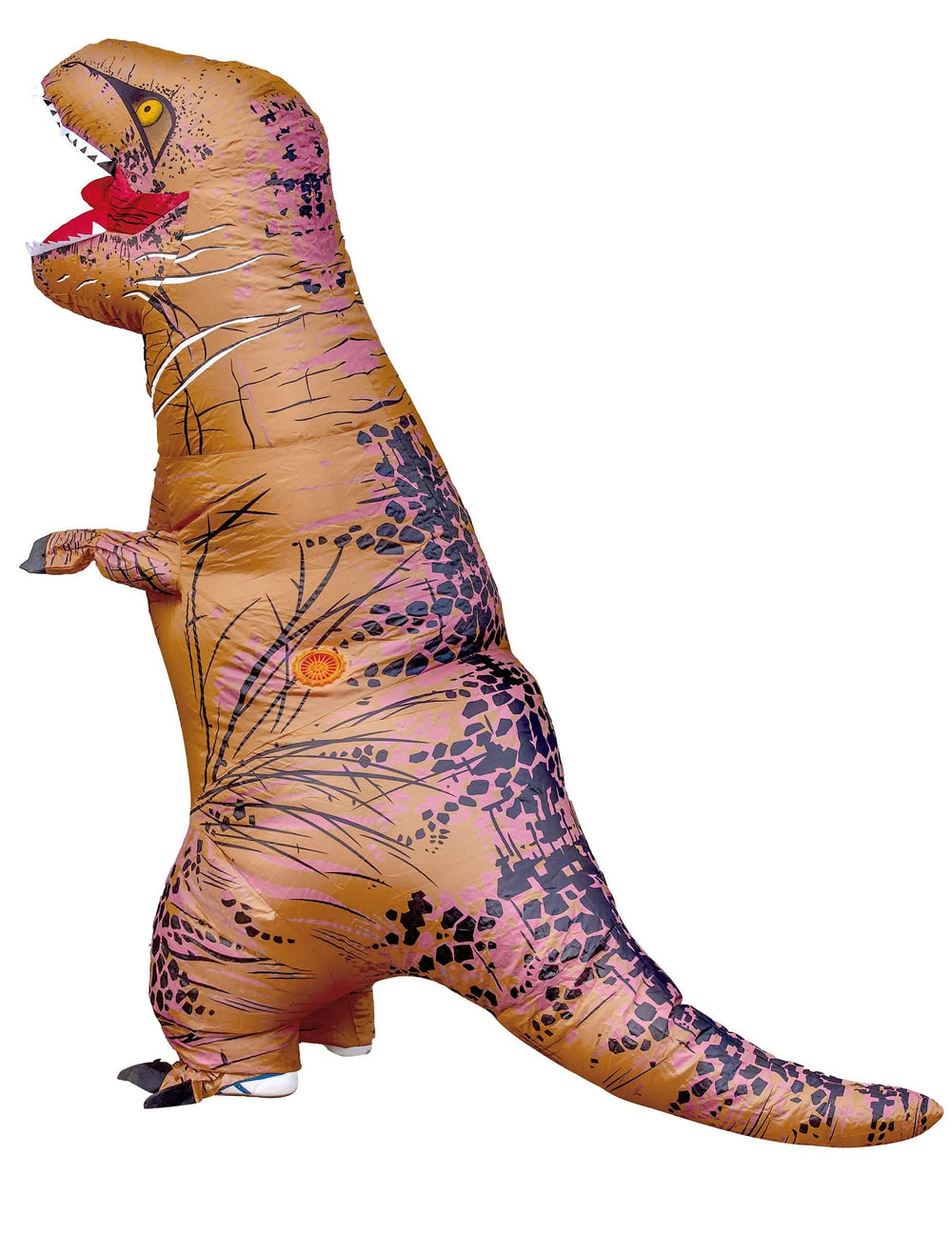 Zijaanzicht van het carry me T-rex-festieve outfit voor volwassenen