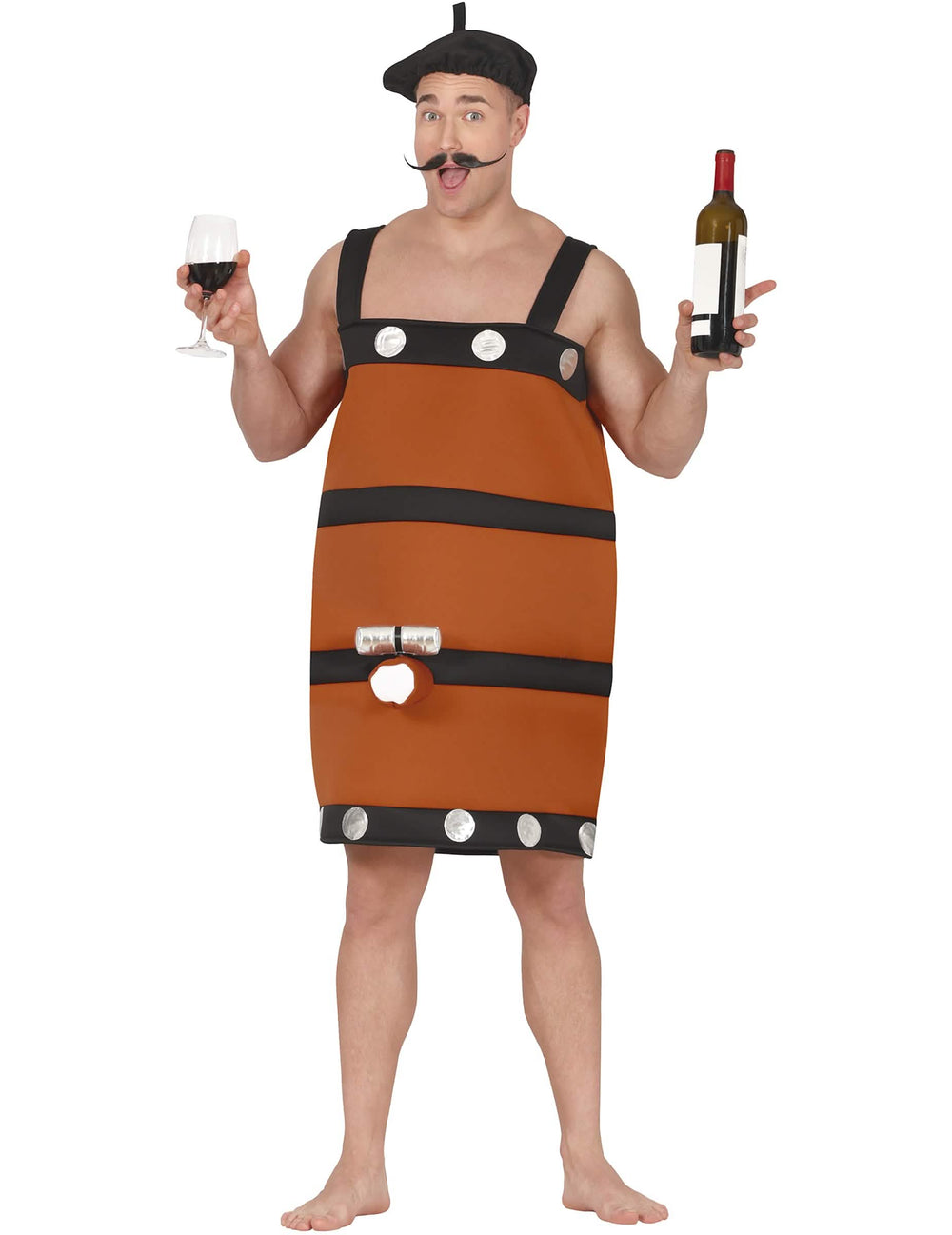 Déguisement tonneau de vin humoristique pour adulte marron avec béret et robinet