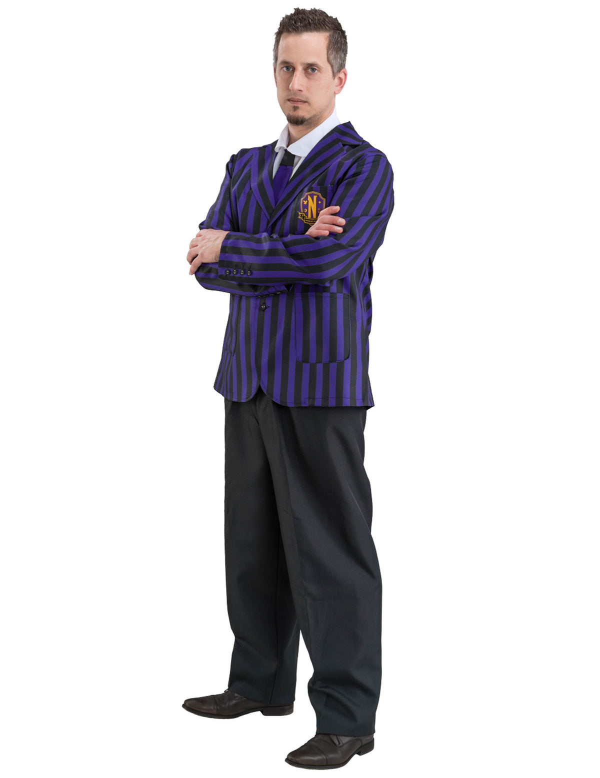 Déguisement uniforme scolaire Nevermore Wednesday™ pour homme à rayures violettes et noires