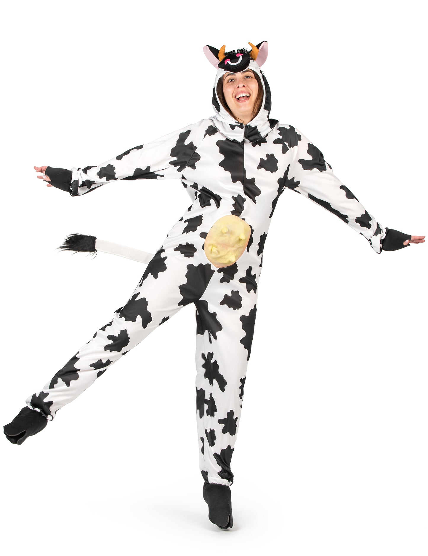 Vue de face en mouvement du déguisement de vache pour adulte