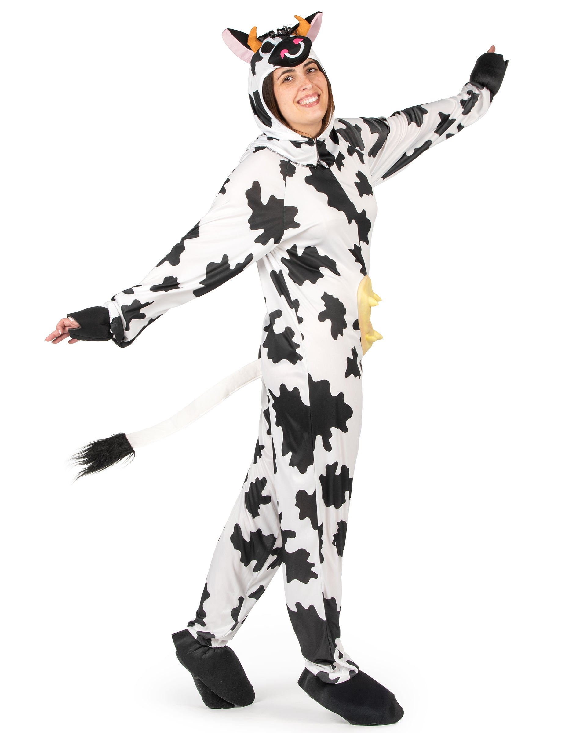 Vue de profil montrant la queue du déguisement de vache pour adulte