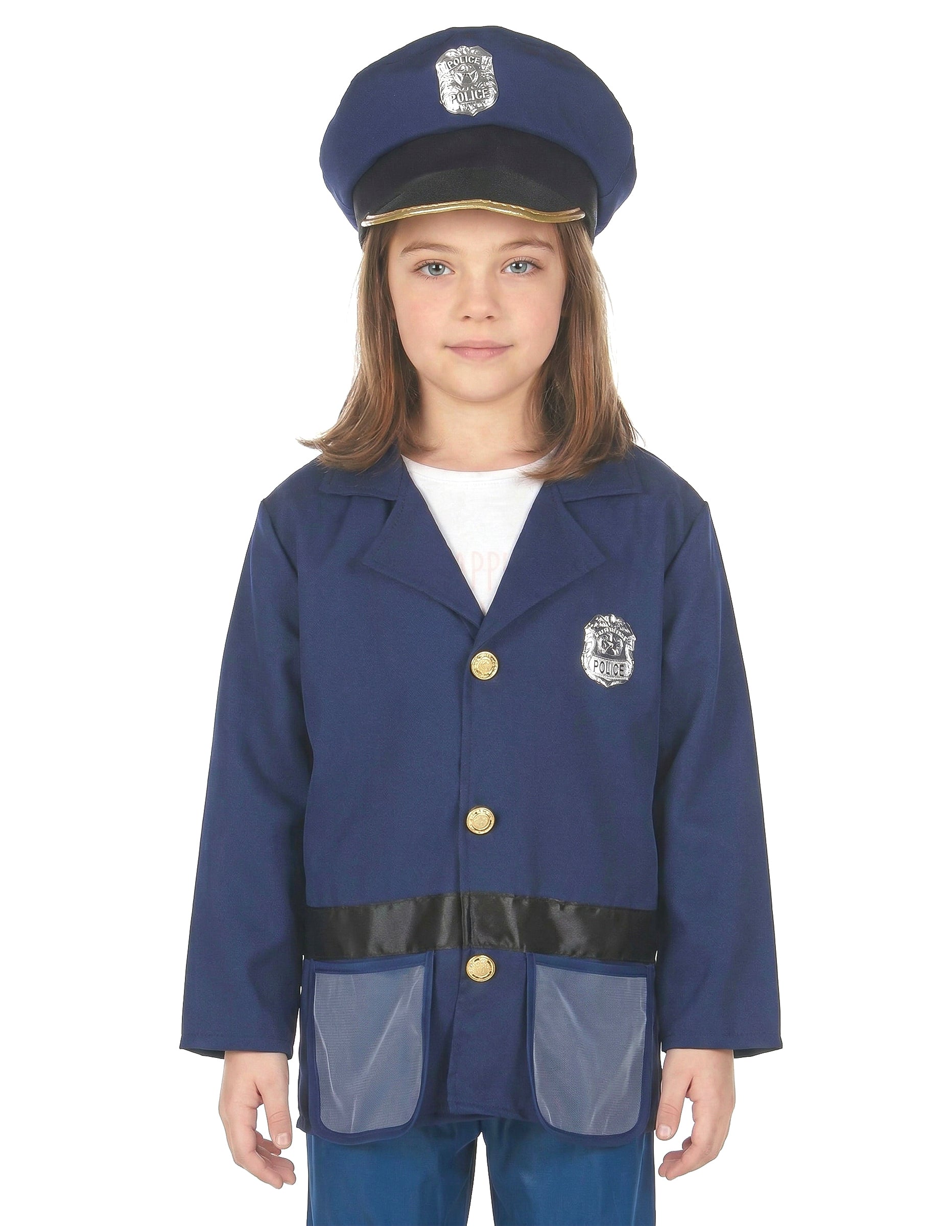 Gros plan sur la veste et la casquette du déguisement avec accessoires policier pour enfant