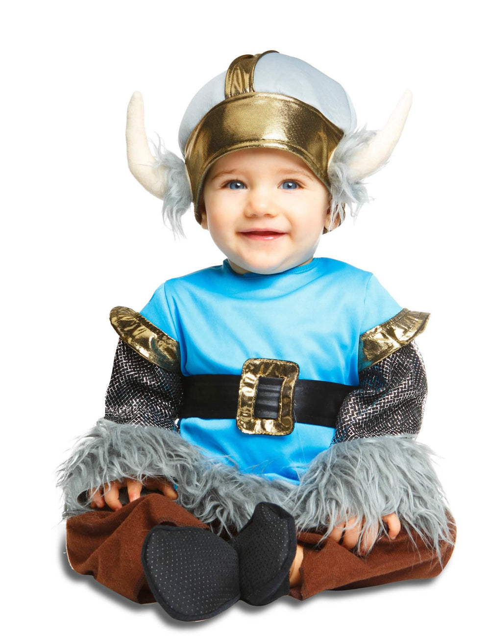 Viking verkleedpak voor baby's blauw en goud met gehelmde hoorns
