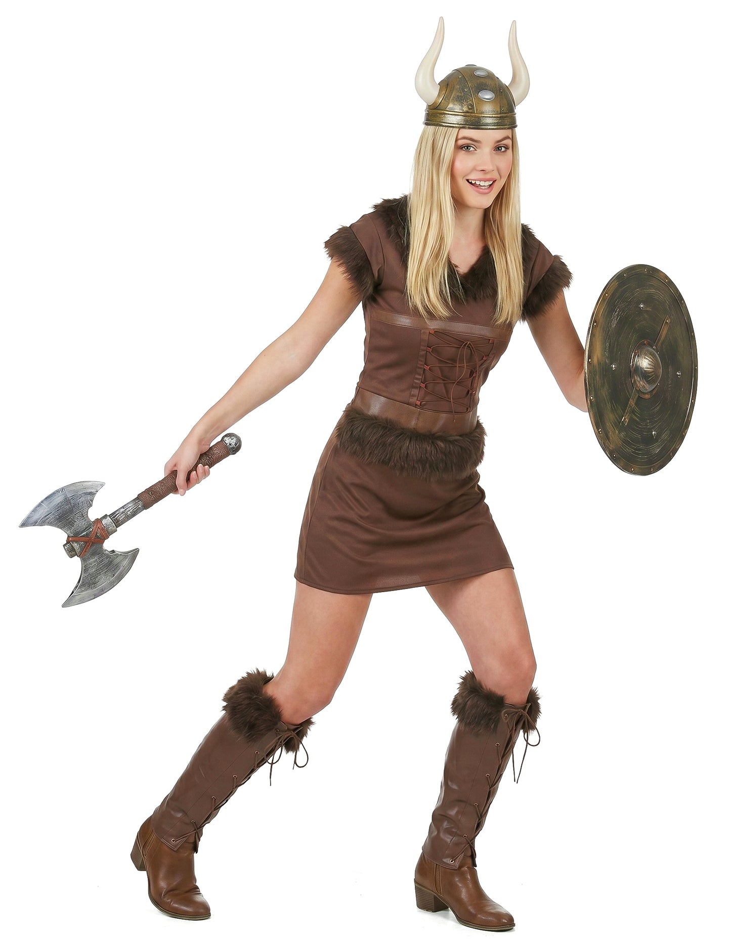 Bruin viking kostuum met helm voor vrouwen