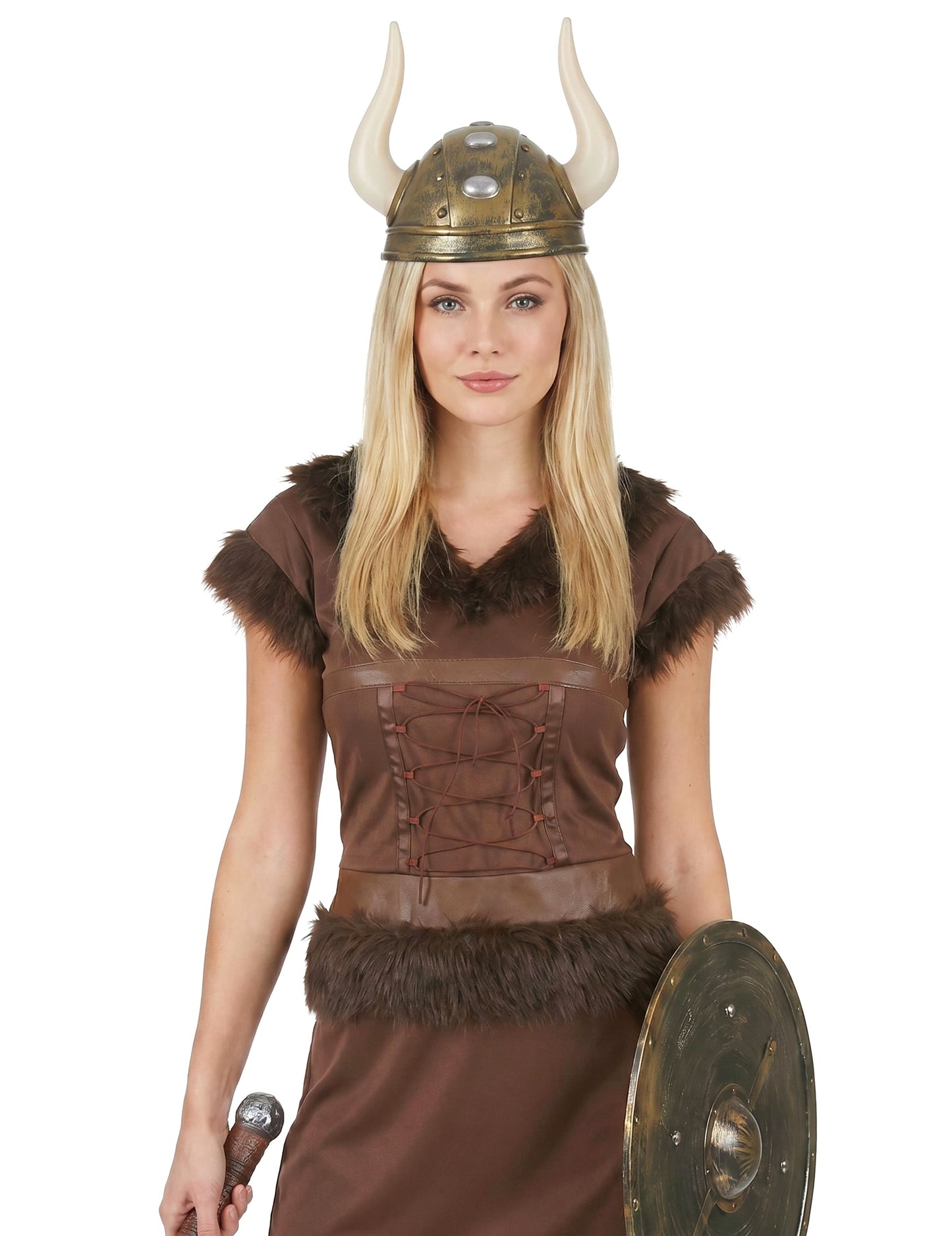 Bruin viking kostuum met helm voor vrouwen