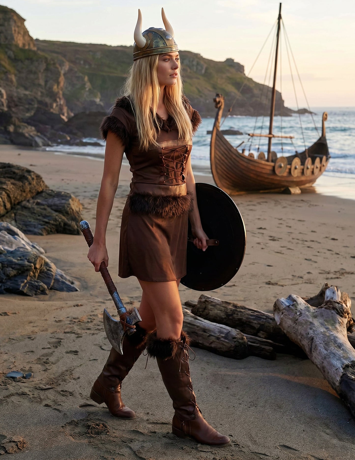 Bruin viking kostuum met helm voor vrouwen