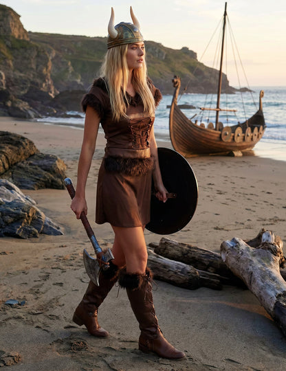Bruin viking kostuum met helm voor vrouwen