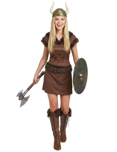 Bruin viking kostuum met helm voor vrouwen