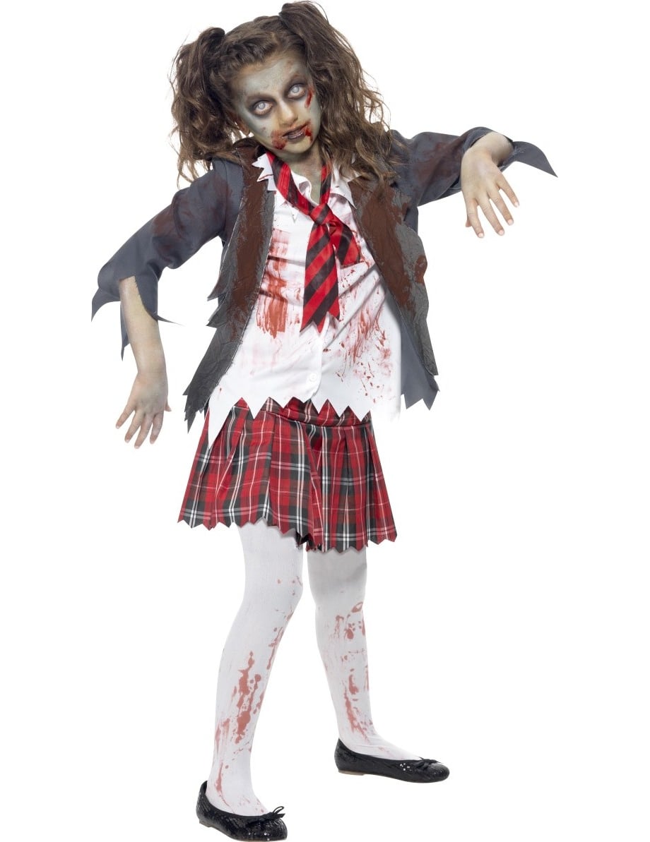 Déguisement de zombie écolière pour fille gris et rouge avec taches de sang