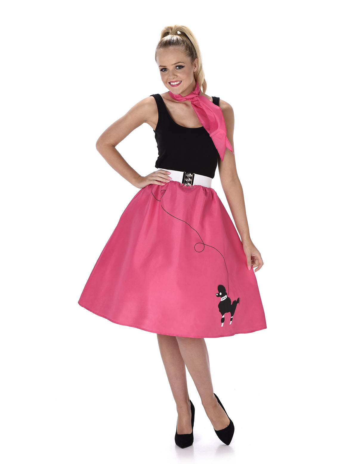 Déguisement années 50 pour femme rose fuchsia avec jupe caniche et foulard