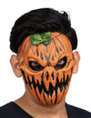 Halfmask pompoenen spookachtig voor volwassenen oranje en zwart met groen blad