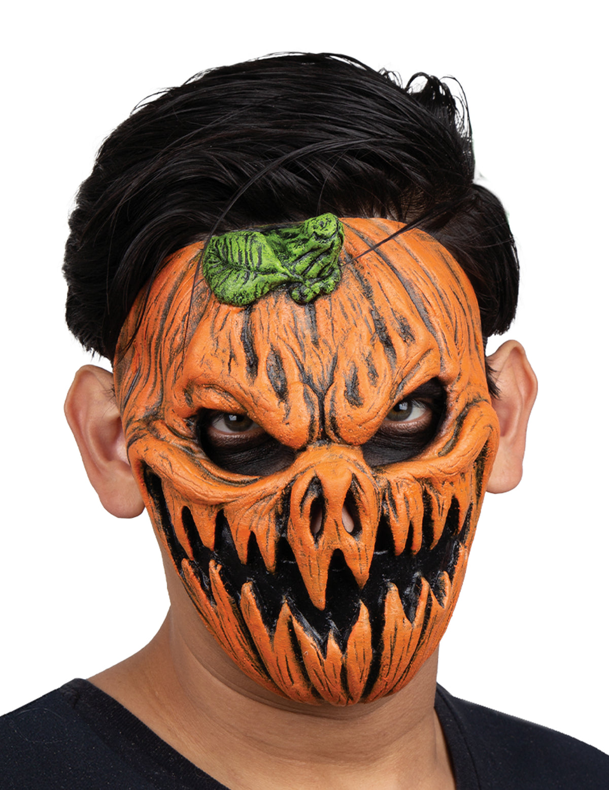 Halfmask pompoenen spookachtig voor volwassenen oranje en zwart met groen blad