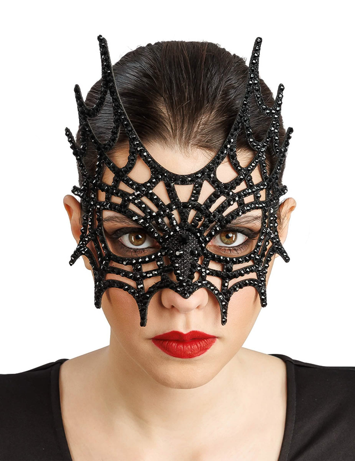 Demi masque toile d'araignée à strass noir adulte