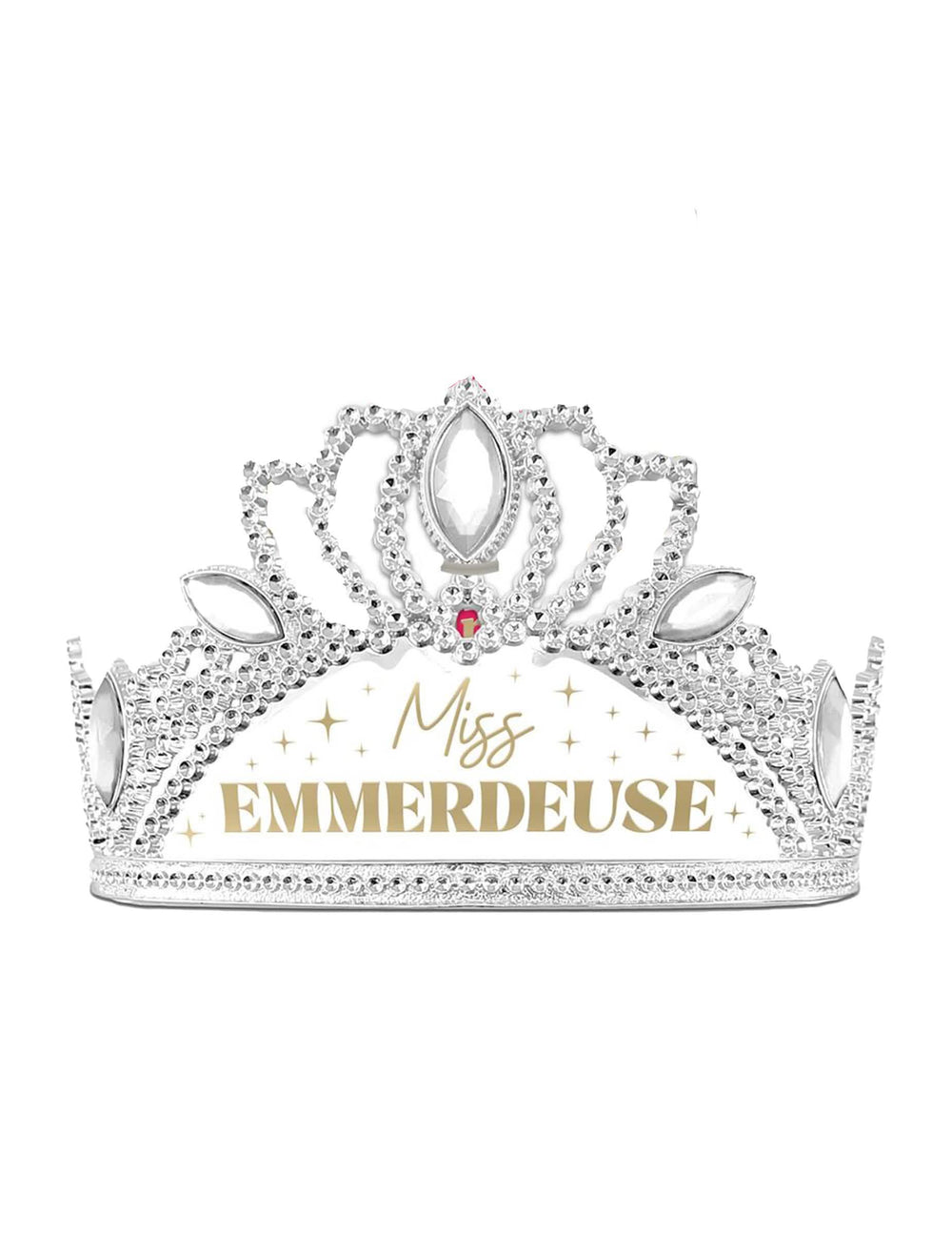 Diadème humoristique Miss Emmerdeuse pour femme argenté avec strass et inscription dorée