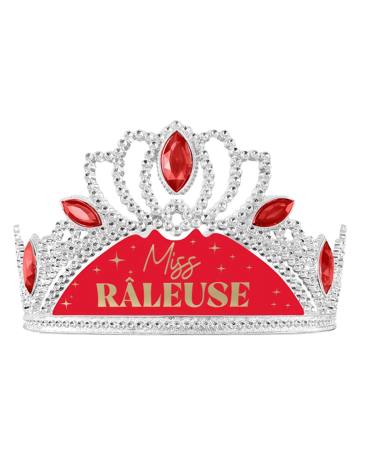 Diadème humoristique Miss Râleuse pour femme argenté et rouge avec pierres rouges