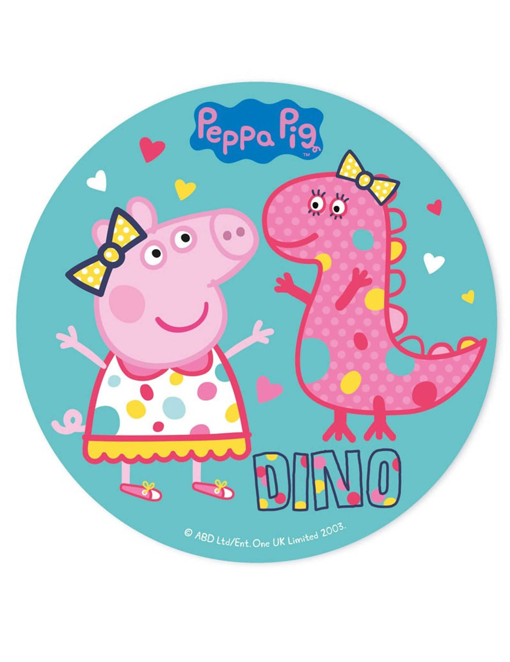 Suikerschijf Peppa Pig voor kinderen blauw met roze dinosaurusmotief