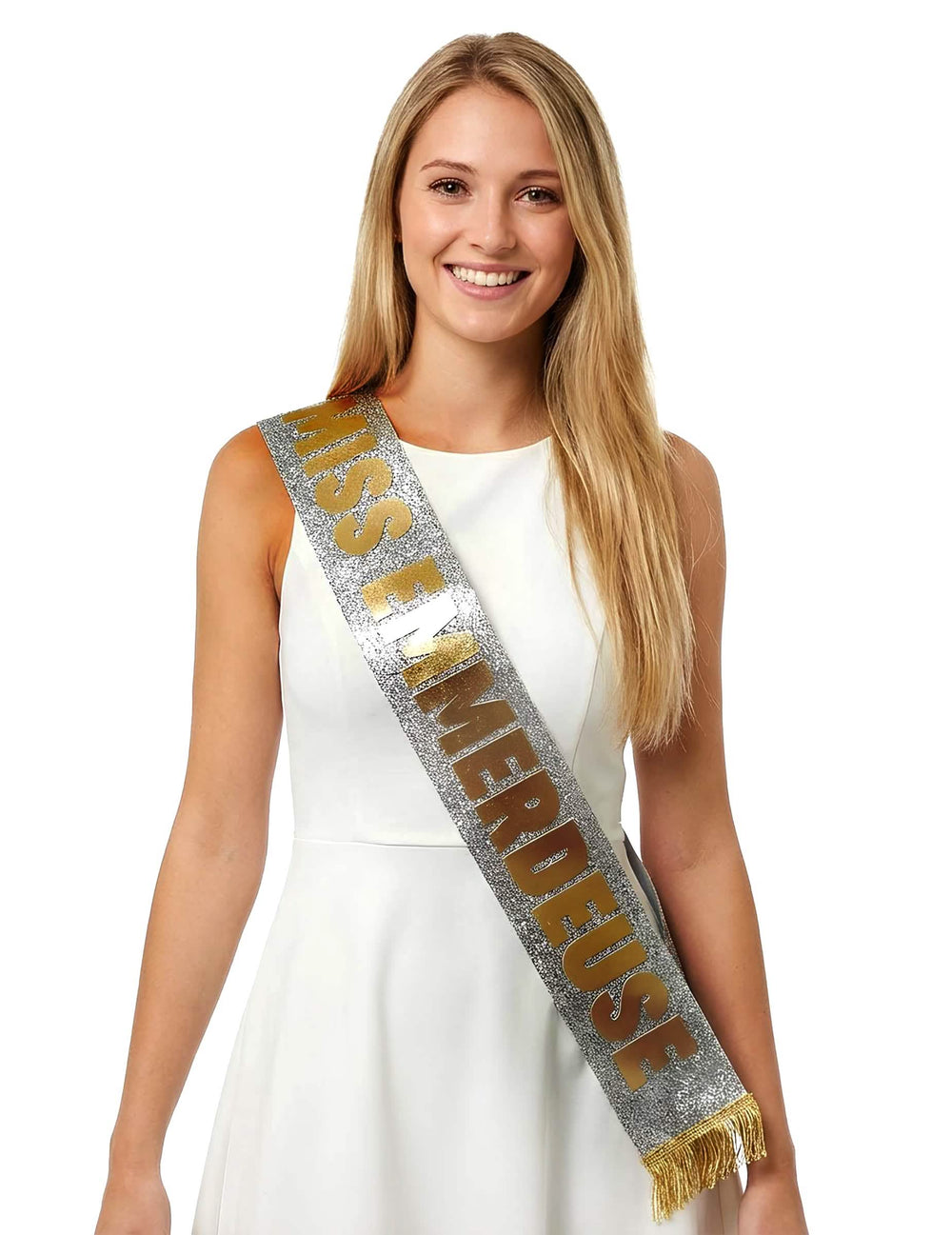 Echarpe Miss Emmerdeuse pour femme à paillettes argentées et lettrage doré