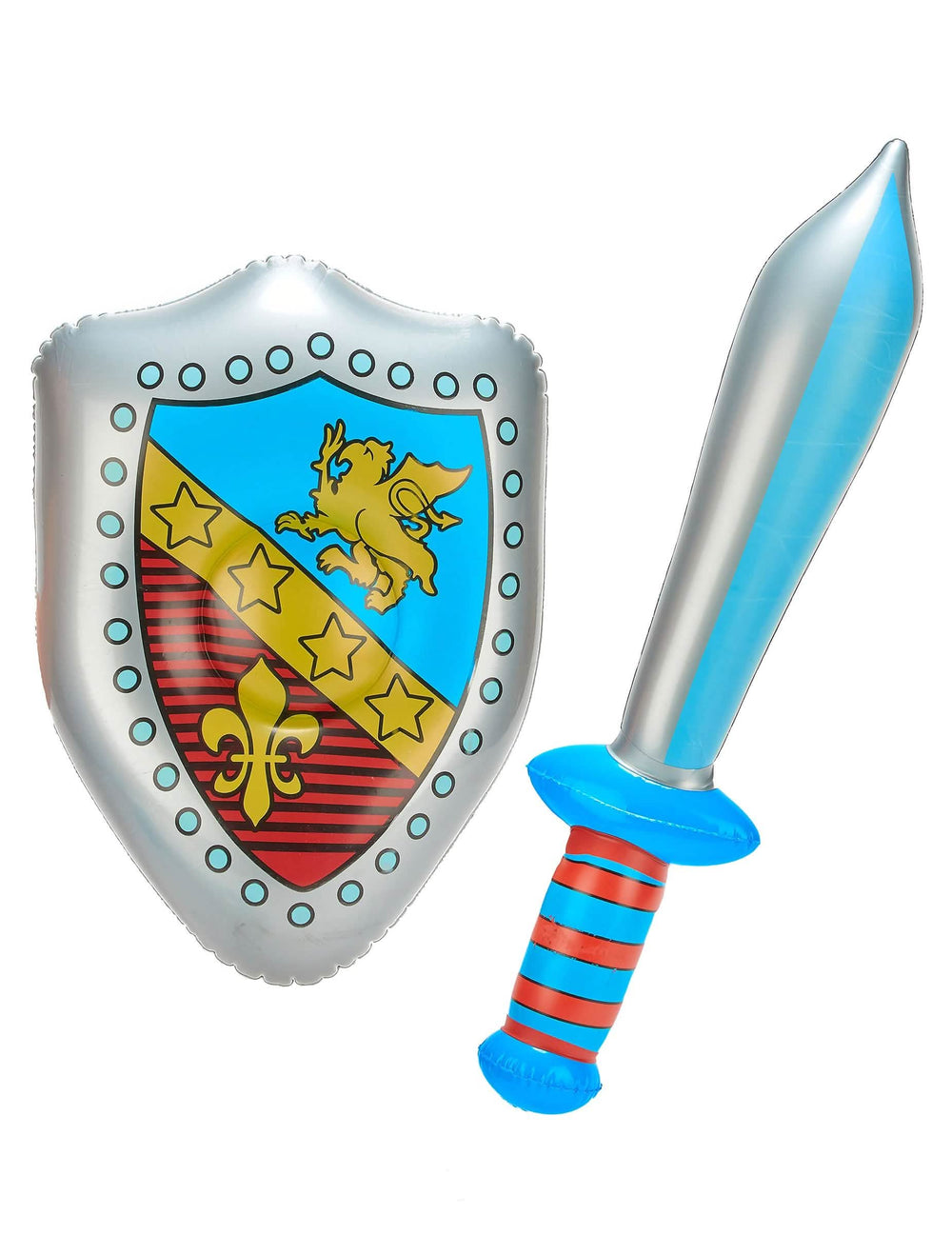 Opblaasbare artikelen zwaard en schild van een ridder voor kinderen blauw en rood met blason