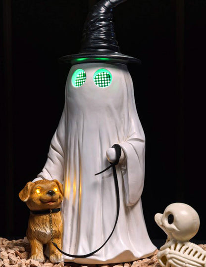 Decoratieve Summerween geest van hars met puntmuts hond en geanimeerde led-ogen 23,5 x 20 x 45,5 cm