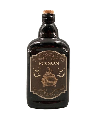 Flacon de poison pour Halloween noir avec étiquette chaudron et bouchon en liège