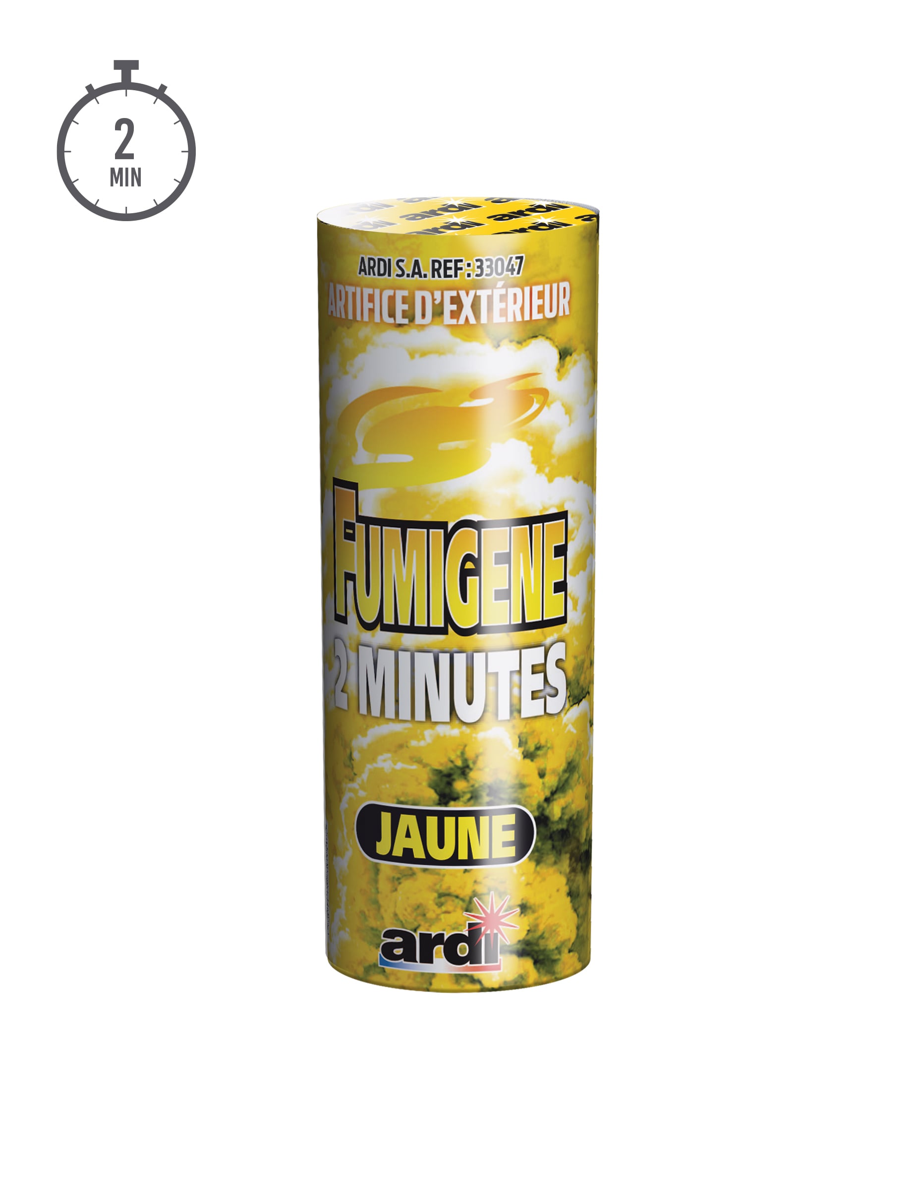 Vue de face du fumigène en pot jaune 2 minutes pour extérieur