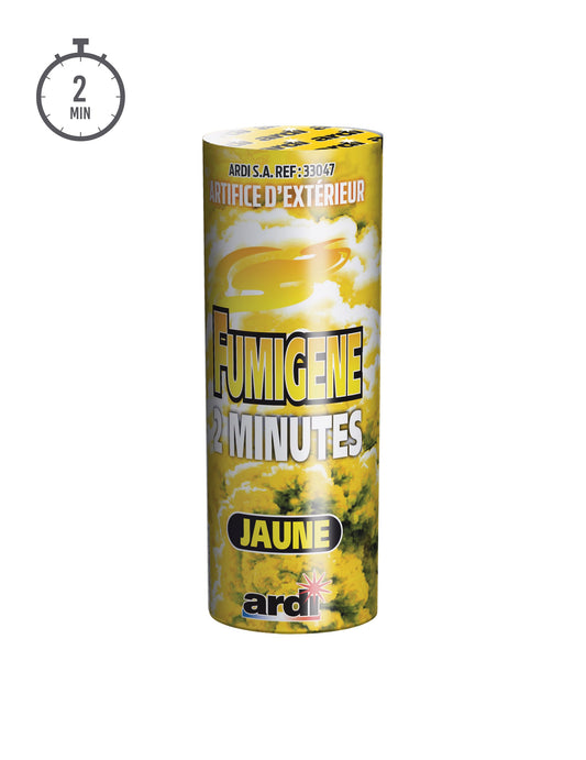 Vue de face du fumigène en pot jaune 2 minutes pour extérieur