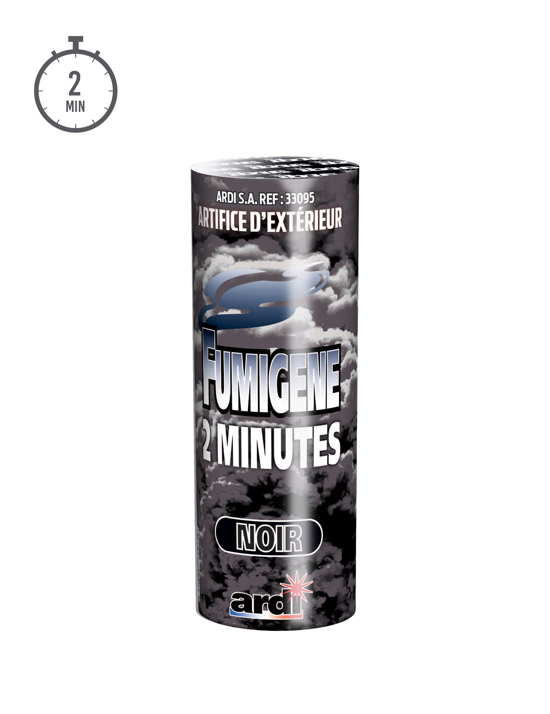 Vue de face du fumigène en pot pour extérieur noir 2 minutes