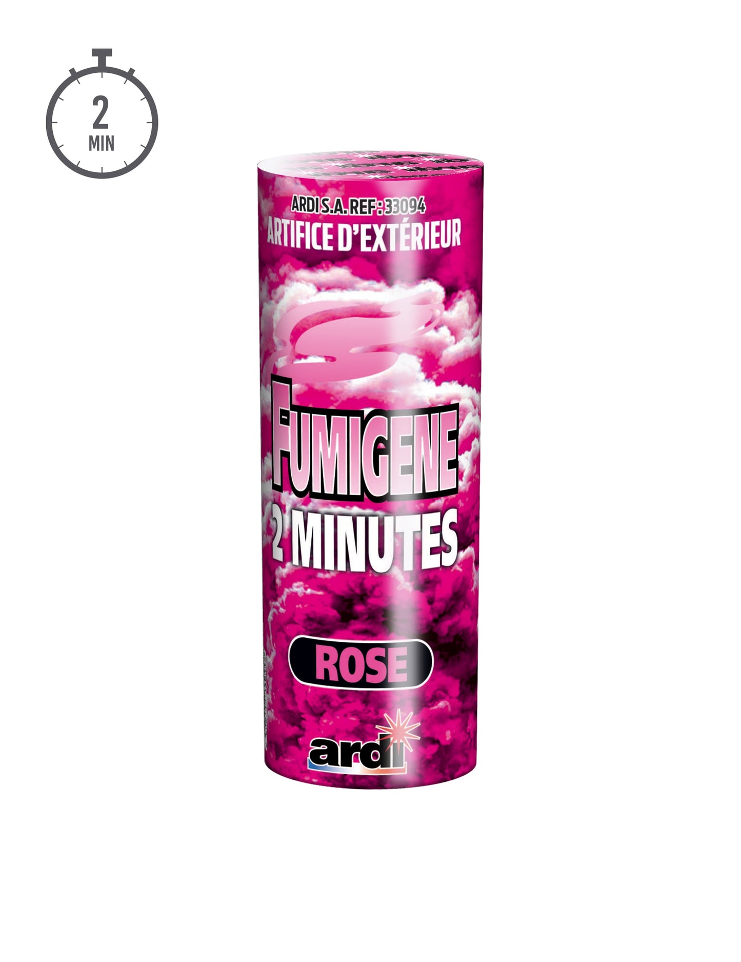 Vue de face du tube du fumigène en pot 2 minutes pour extérieur rose