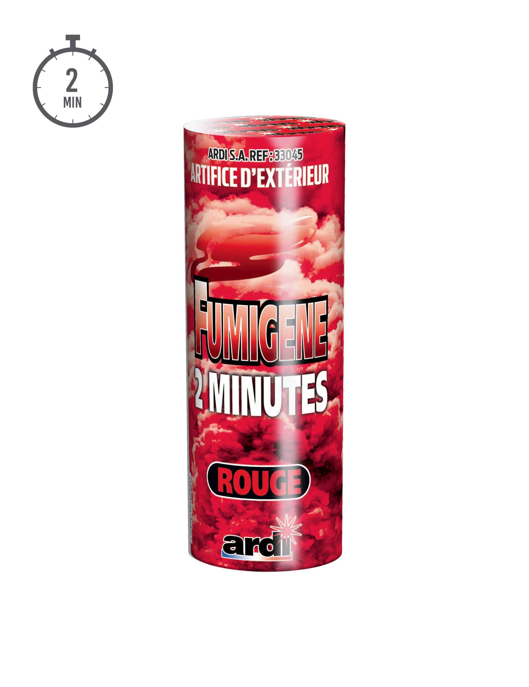 Indication de la durée de 2 minutes du fumigène en pot artifice d'extérieur pour fête rouge