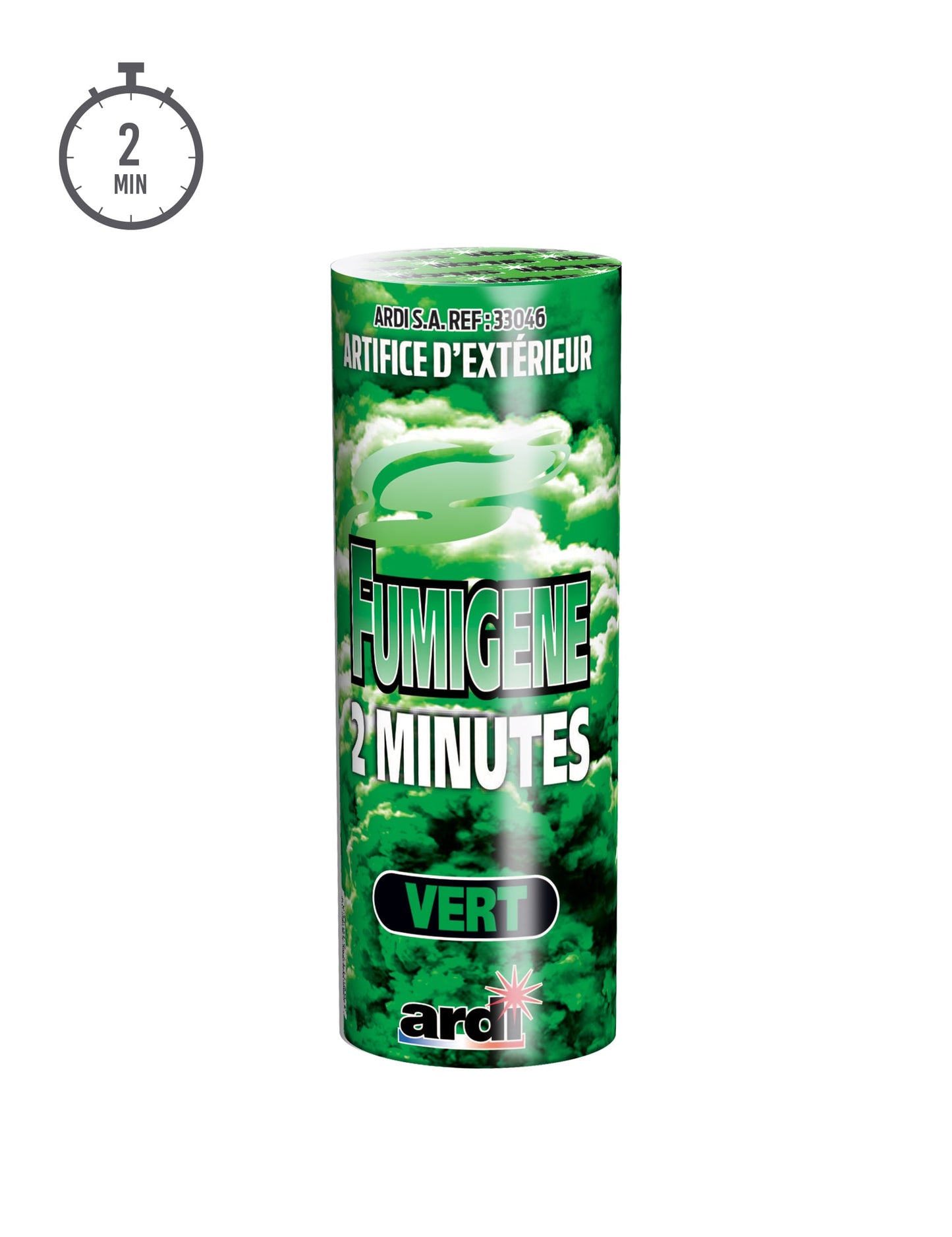 Détail de l'emballage du fumigène en pot 2 minutes pour fête vert