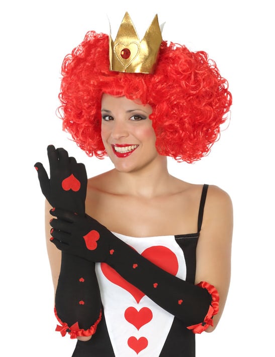 Gants longs reine de coeur pour femme noirs avec motifs coeurs rouges