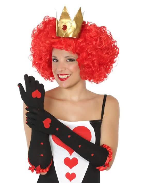 Gants longs reine de coeur pour femme noirs avec motifs coeurs rouges