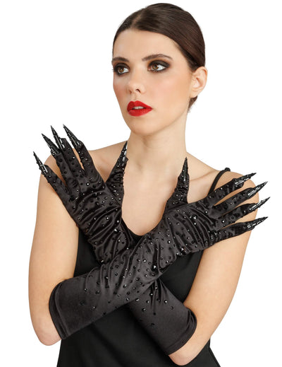 Gants noirs avec strass et faux ongles adulte