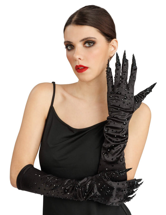 Gants noirs avec strass et faux ongles adulte
